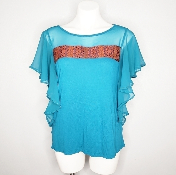 Charming Charlie Turquoise Beaded Flutter Blouse - Picture 1 of 5
